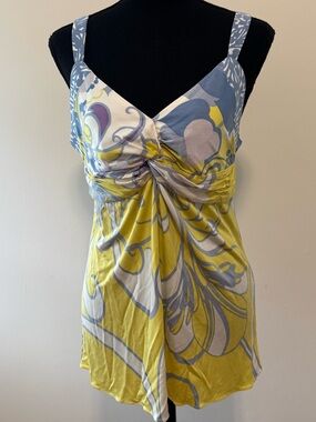 Elie Tahari Yellow and Blue Floral Twist-Front Chemise